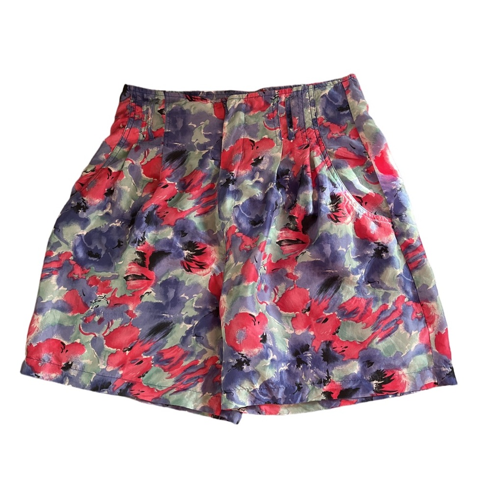 100% silk shorts in watercolor effect floral pattern in pink, indigo and green